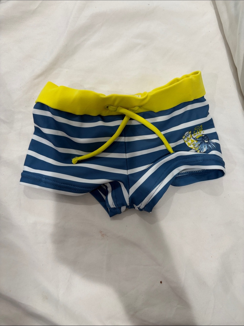 Kids Navy Stripe Swim Trunks with Yellow Waistband